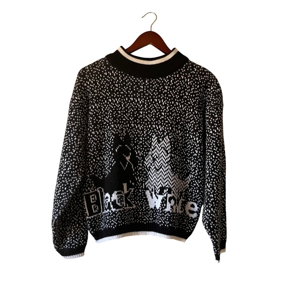 Vintage Dog Black White Patterned Mock Neck Knit‎ Sweater Size Large